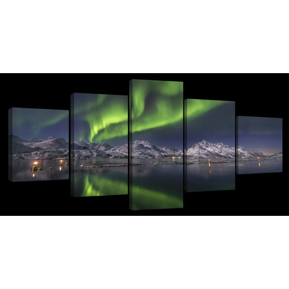 Elephant Stock Northern Lights Reflection Wall Art - Horizontal Multi Panel Canvas - 5 Pieceliving Room Wall Decor - Photography Nature Multi Panel - Gray And Blue Decor - 36" x 15"