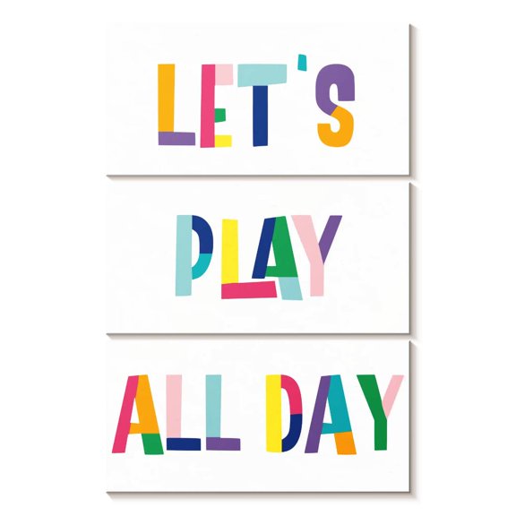 Elephant Stock Nursery Play All Day Wall Art - Vertical Multi Panel Canvas - Kids Room Wall Decor - Kids And Nursery Multi Panel - White And Blue Decor - 20" x 32"