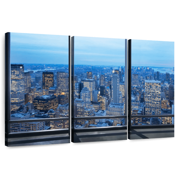 Elephant Stock Ny Office Window View Wall Art - Horizontal Multi Panel Canvas - Living Room Wall Decor - City Multi Panel - Blue And Gray Decor - 38" x 24"
