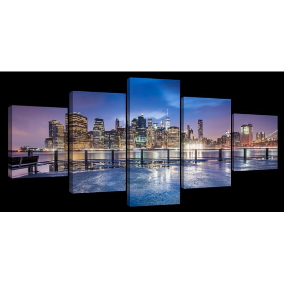 Elephant Stock Nyc Skyline At Night Wall Art - Horizontal Multi Panel Canvas - 5 Pieceliving Room Wall Decor - Photography City Multi Panel - Blue And Purple Decor - 55" x 24"