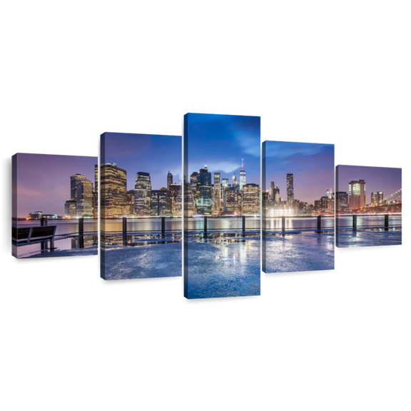 Elephant Stock Nyc Skyline At Night Wall Art - Horizontal Multi Panel Canvas - 5 Pieceliving Room Wall Decor - Photography City Multi Panel - Blue And Purple Decor - 68" x 30"