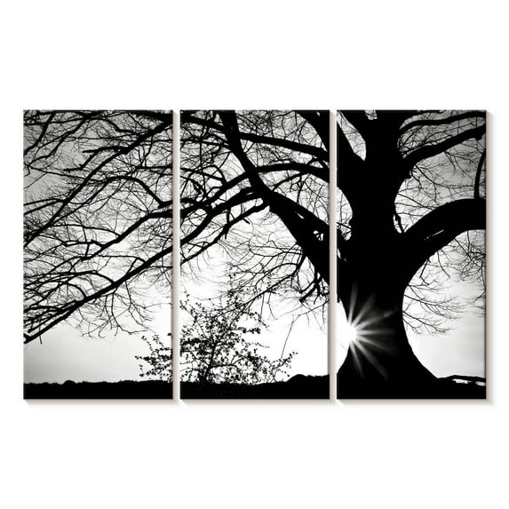 Elephant Stock Oak Silhouette Wall Art - Horizontal Multi Panel Canvas - Living Room Wall Decor - Floral And Botanical Multi Panel - Black And Gray Decor By Photoinc Studio - 33" x 20"