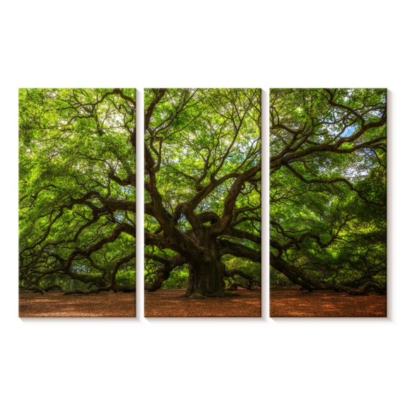 Elephant Stock Oak Wall Art - Horizontal Multi Panel Canvas - Living Room Wall Decor - Floral And Botanical Multi Panel - Brown And Green Decor - 45" x 28"
