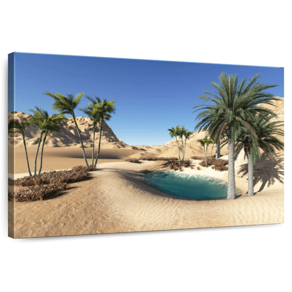 Elephant Stock Oasis In The Desert Wall Art - Horizontal Canvas Wall Art - Living Room Wall Decor - Nature Canvas - Brown And Teal Decor - 24" x 16"