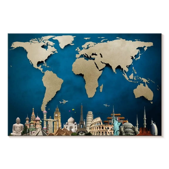 Elephant Stock Ocean Blue World Map Wall Art - Horizontal Canvas Wall Art - Living Room Wall Decor - Map Canvas - Blue And Yellow Decor - 39" x 26"