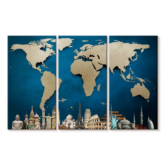Elephant Stock Ocean Blue World Map Wall Art - Horizontal Multi Panel Canvas - Living Room Wall Decor - Map Multi Panel - Blue And Yellow Decor - 33" x 20"