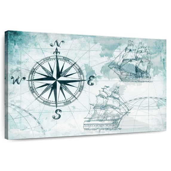 Elephant Stock Ocean Compass Wall Art - Horizontal Canvas Wall Art - Living Room Wall Decor - Nautical Canvas - Black And Teal Decor - 12" x 8"