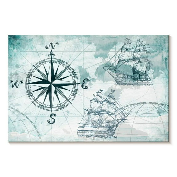 Elephant Stock Ocean Compass Wall Art - Horizontal Canvas Wall Art - Living Room Wall Decor - Nautical Canvas - Black And Teal Decor - 12" x 8"