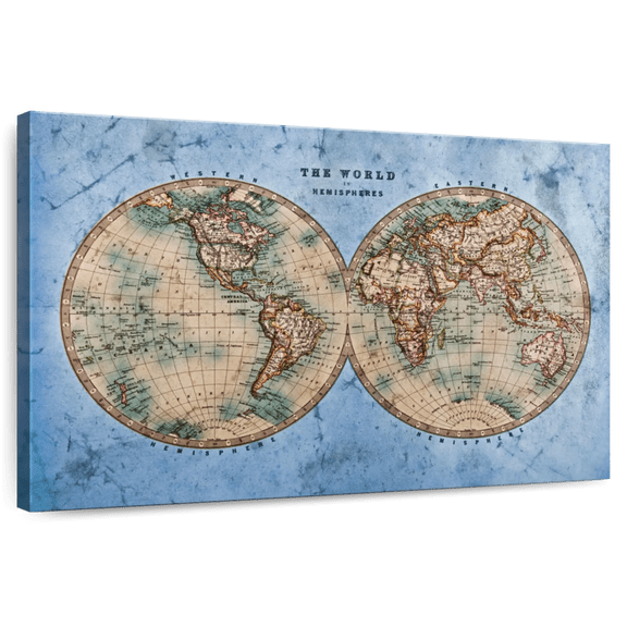 Elephant Stock Ocean Hemispheres Map Wall Art - Horizontal Canvas Wall Art - Living Room Wall Decor - Map Canvas - Beige And Blue Decor - 45" x 30"