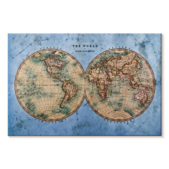 Elephant Stock Ocean Hemispheres Map Wall Art - Horizontal Canvas Wall Art - Living Room Wall Decor - Map Canvas - Beige And Blue Decor - 45" x 30"