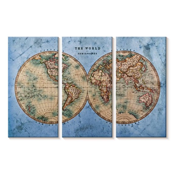 Elephant Stock Ocean Hemispheres Map Wall Art - Horizontal Multi Panel Canvas - Living Room Wall Decor - Map Multi Panel - Beige And Blue Decor - 23" x 14"