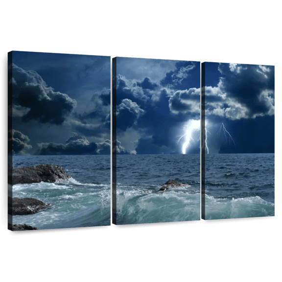 Elephant Stock Ocean Storm Bolt Wall Art - Horizontal Multi Panel Canvas - Living Room Wall Decor - Nature Multi Panel - Blue And Teal Decor - 33" x 20"