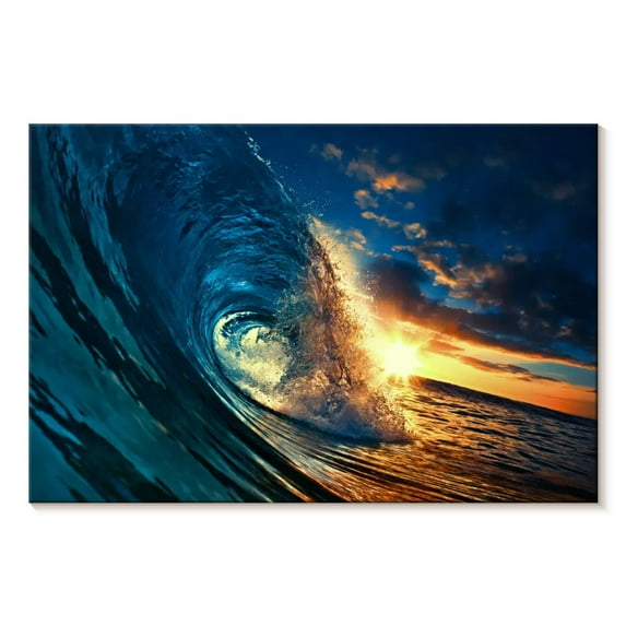 Elephant Stock Ocean Sunset Wave Wall Art - Horizontal Canvas Wall Art - Living Room Wall Decor - Beach Canvas - Teal And Yellow Decor - 30" x 20"