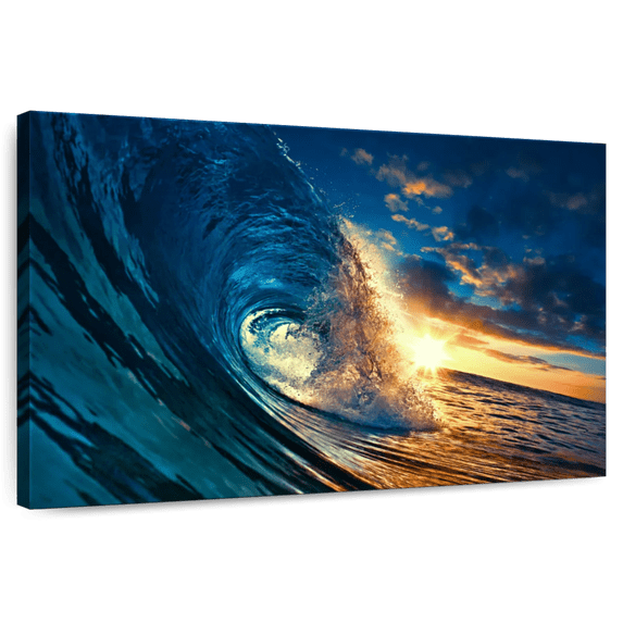 Elephant Stock Ocean Sunset Wave Wall Art - Horizontal Canvas Wall Art - Living Room Wall Decor - Beach Canvas - Teal And Yellow Decor - 36" x 24"