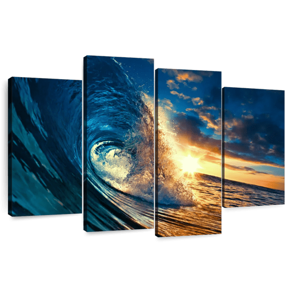 Elephant Stock Ocean Sunset Wave Wall Art - Horizontal Multi Panel Canvas - Living Room Wall Decor - Beach Multi Panel - Teal And Yellow Decor - 36" x 22"