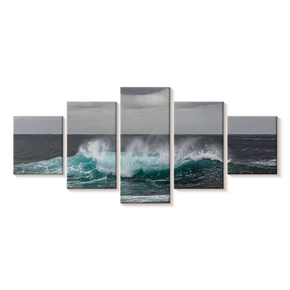 Elephant Stock Ocean Wave Pop Wall Art - Horizontal Multi Panel Canvas - Living Room Wall Decor - Beach Multi Panel - Gray And Teal Decor - 36" x 15"