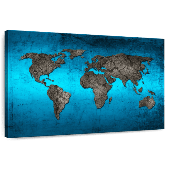 Elephant Stock Ocean World Map Wall Art - Horizontal Canvas Wall Art - Dining Room Wall Decor - Map Canvas - Teal And Gray Decor - 51" x 34"