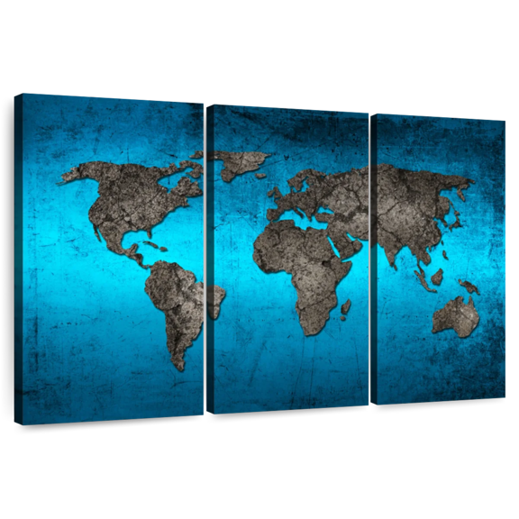 Elephant Stock Ocean World Map Wall Art - Horizontal Multi Panel Canvas - Living Room Wall Decor - Map Multi Panel - Teal And Gray Decor - 33" x 20"