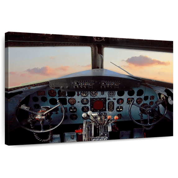 Elephant Stock Old Airplane Cockpit Wall Art - Horizontal Canvas Wall Art - Living Room Wall Decor - Transportation Canvas - Black And Beige Decor - 48" x 32"