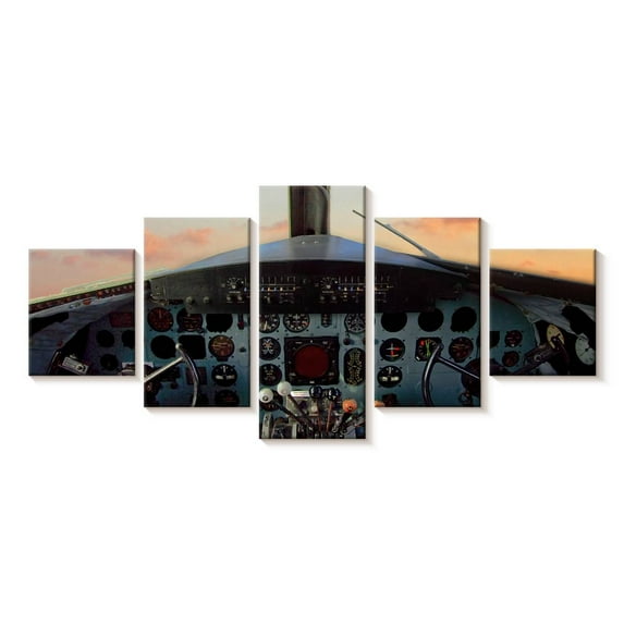 Elephant Stock Old Airplane Cockpit Wall Art - Horizontal Multi Panel Canvas - Living Room Wall Decor - Transportation Multi Panel - Black And Beige Decor - 92" x 42"