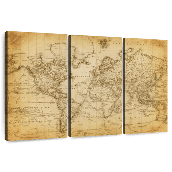 Elephant Stock Old Century World Map Wall Art - Horizontal Multi Panel Canvas - Living Room Wall Decor - Map Multi Panel - Brown And Yellow Decor - 45" x 28"