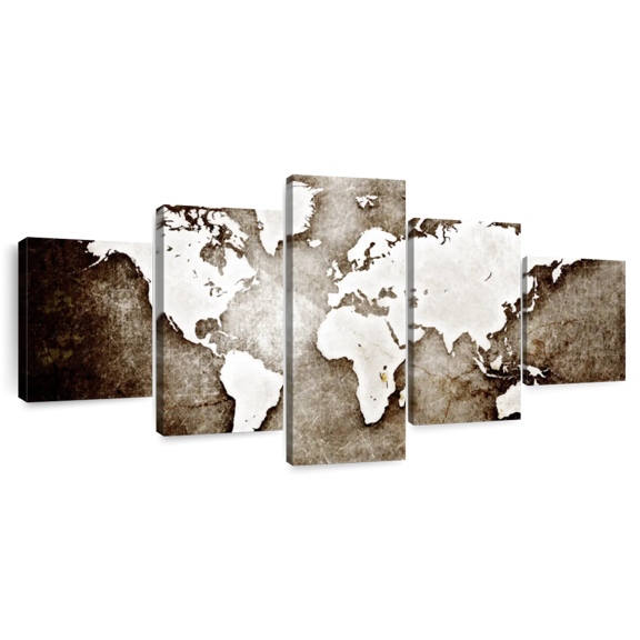 Elephant Stock Old Grunge World Map Wall Art - Horizontal Multi Panel Canvas - Living Room Wall Decor - Map Multi Panel - Gray And Brown Decor - 55" x 24"