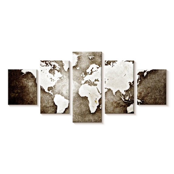 Elephant Stock Old Grunge World Map Wall Art - Horizontal Multi Panel Canvas - Living Room Wall Decor - Map Multi Panel - Gray And Brown Decor - 74" x 34"