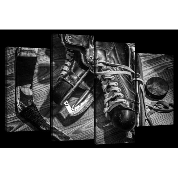 Elephant Stock Old Hockey Wall Art - Horizontal Multi Panel Canvas - 4 Pieceliving Room Wall Decor - Photography Sports Multi Panel - Gray And Black Decor - 84" x 54"