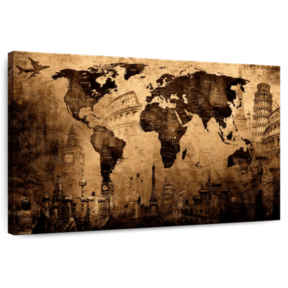 Elephant Stock Old Landmark World Map Wall Art - Horizontal Canvas Wall Art - Living Room Wall Decor - Map Canvas - Black And Orange Decor - 12" x 8"