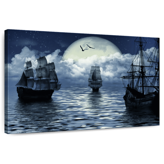 Elephant Stock Old Sailing Boat Wall Art - Horizontal Canvas Wall Art - Living Room Wall Decor - Nautical Canvas - Black And Purple Decor - 48" x 32"