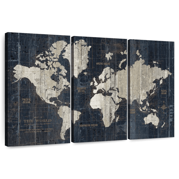 Elephant Stock Old World Map In Blue Wall Art - Horizontal Multi Panel Canvas - Living Room Wall Decor - Map Multi Panel - Gray And Beige Decor By Wild Apple Portfolio - 33" x 20"
