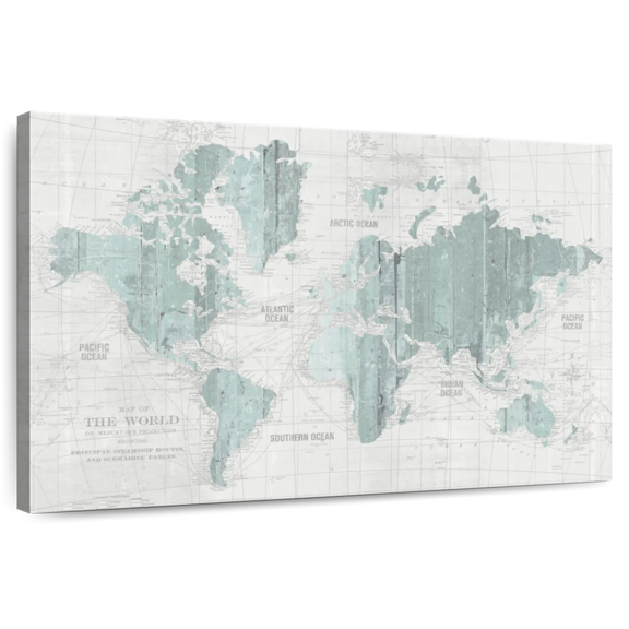 Elephant Stock Old World Map Mint Gray Wall Art - Horizontal Canvas Wall Art - Living Room Wall Decor - Map Canvas - Gray And Blue Decor By Wild Apple Portfolio - 12" x 8"