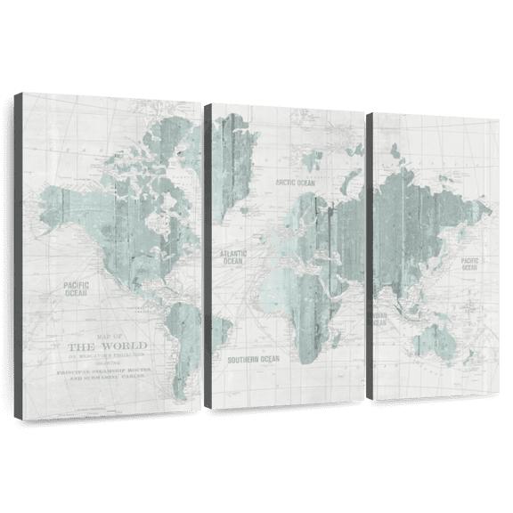 Elephant Stock Old World Map Mint Gray Wall Art - Horizontal Multi Panel Canvas - Living Room Wall Decor - Map Multi Panel - Gray And Blue Decor By Wild Apple Portfolio - 45" x 28"