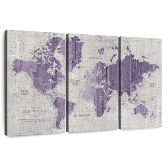 Elephant Stock Old World Map Purple Gray Wall Art - Horizontal Multi Panel Canvas - Living Room Wall Decor - Map Multi Panel - Purple And Gray Decor By Wild Apple Portfolio - 74" x 48"