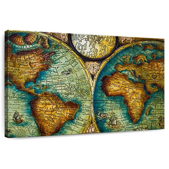 Elephant Stock Old World Map Wall Art - Horizontal Canvas Wall Art - Living Room Wall Decor - Map Canvas - Brown And Teal Decor - 12" x 8"