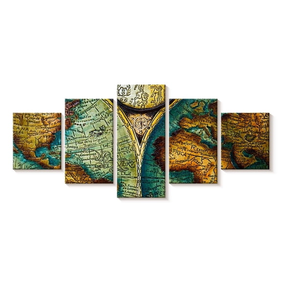 Elephant Stock Old World Map Wall Art - Horizontal Multi Panel Canvas - Living Room Wall Decor - Map Multi Panel - Brown And Teal Decor - 68" x 30"