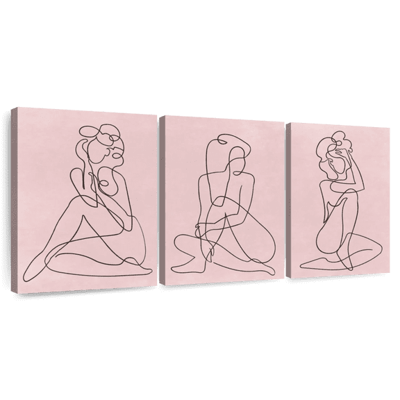 Elephant Stock One Line Curvy Female Wall Art - Horizontal Multi Panel Canvas - Living Room Wall Decor - People Multi Panel - Pink And Black Decor - 62" x 30"