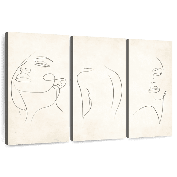 Elephant Stock One Line Woman Wall Art - Horizontal Multi Panel Canvas - Living Room Wall Decor - People Multi Panel - Beige And White Decor - 57" x 36"