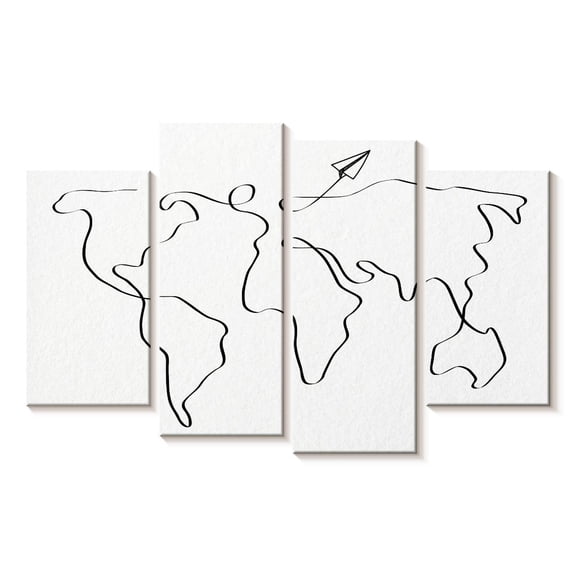 Elephant Stock One Line World Map Wall Art - Horizontal Multi Panel Canvas - Living Room Wall Decor - Map Multi Panel - White And Black Decor - 30" x 18"