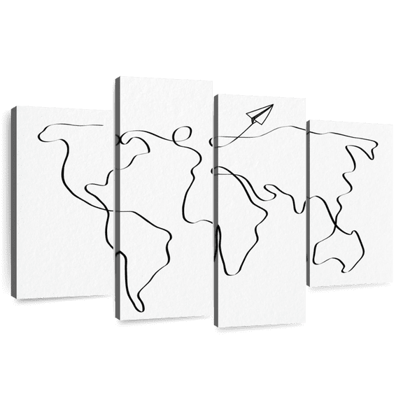 Elephant Stock One Line World Map Wall Art - Horizontal Multi Panel Canvas - Living Room Wall Decor - Map Multi Panel - White And Black Decor - 36" x 22"
