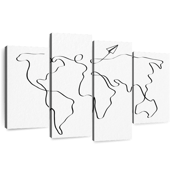 Elephant Stock One Line World Map Wall Art - Horizontal Multi Panel Canvas - Living Room Wall Decor - Map Multi Panel - White And Black Decor - 84" x 54"