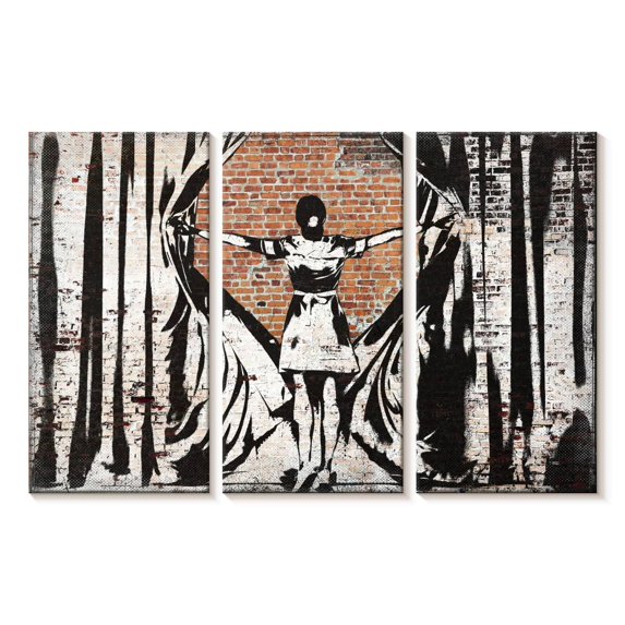 Elephant Stock Open Curtains Wall Art - Horizontal Multi Panel Canvas - Living Room Wall Decor - People Multi Panel - Gray And Brown Decor - 23" x 14"