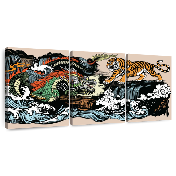 Elephant Stock Oriental Dragon And Tiger Wall Art - Horizontal Multi Panel Canvas - Living Room Wall Decor - Animal Multi Panel - Blue And Green Decor - 26" x 12"