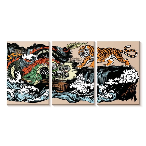 Elephant Stock Oriental Dragon And Tiger Wall Art - Horizontal Multi Panel Canvas - Living Room Wall Decor - Animal Multi Panel - Blue And Green Decor - 26" x 12"