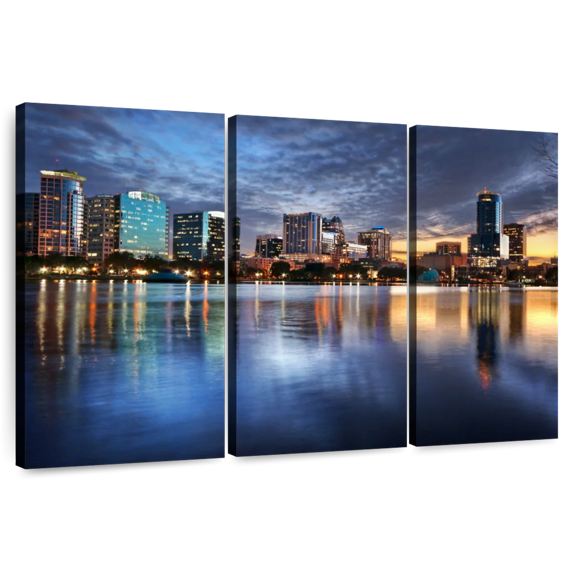 Elephant Stock Orlando Night Skyline Wall Art - Horizontal Multi Panel Canvas - Living Room Wall Decor - Places Multi Panel - Blue And Brown Decor - 74" x 48"