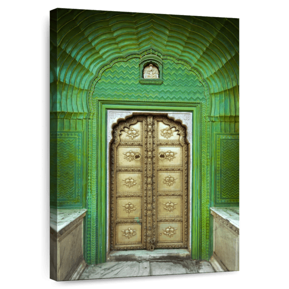 Elephant Stock Ornate Indian Door Wall Art - Vertical Canvas Wall Art - Living Room Wall Decor - Architecture Canvas - Green And Gold Decor - 8" x 12"