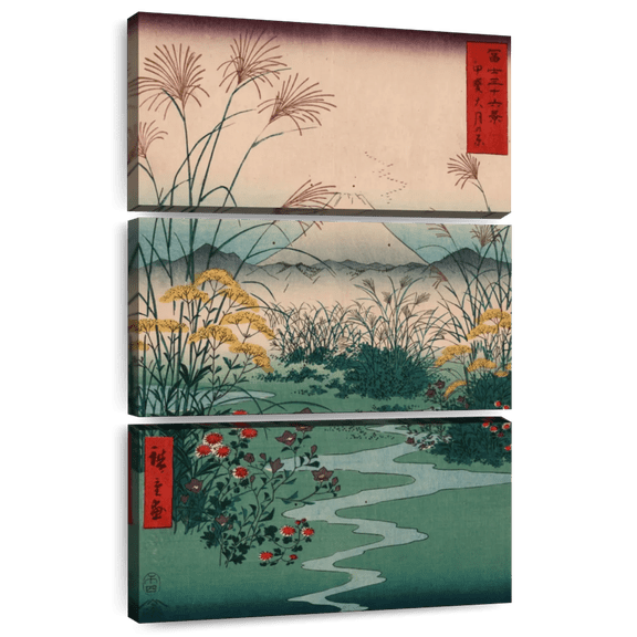 Elephant Stock Otsuki Fields In Kai Province Wall Art - Vertical Multi Panel Canvas - Living Room Wall Decor - Nature Multi Panel - Green And Beige Decor By Utagawa Hiroshige - 48" x 74"