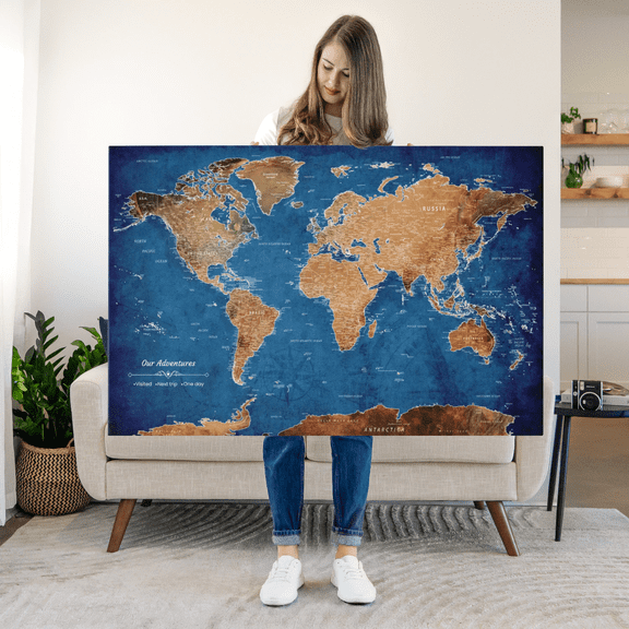 Elephant Stock Our Adventures World Push Pin Map Iii Wall Art - Map Canvas Art - 12" x 8"
