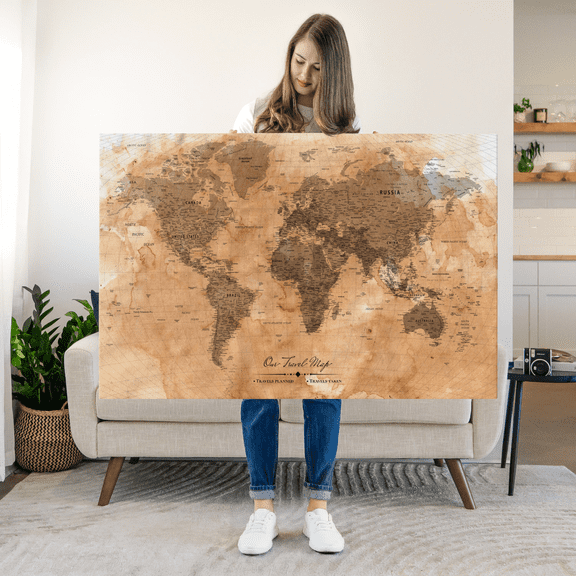 Elephant Stock Our Travel Map Push Pin Ii Wall Art - Map Canvas Art - 51" x 34"