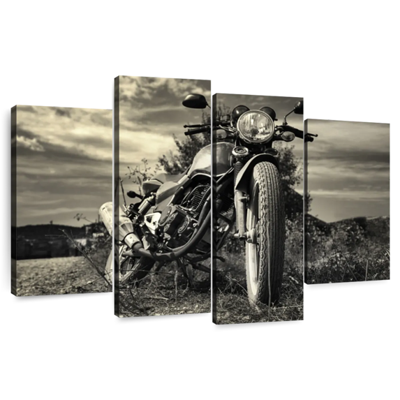 Elephant Stock Outdoor Vintage Motorcycle Wall Art - Horizontal Multi Panel Canvas - Living Room Wall Decor - Transportation Multi Panel - Black And Gray Decor - 36" x 22"